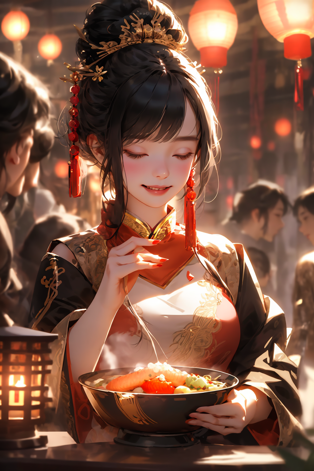 09720-537486612-, food, holding, smile, hair ornament, closed eyes, solo focus, blush, bangs, lantern, black hair, paper lantern, fish, 1girl, b.png